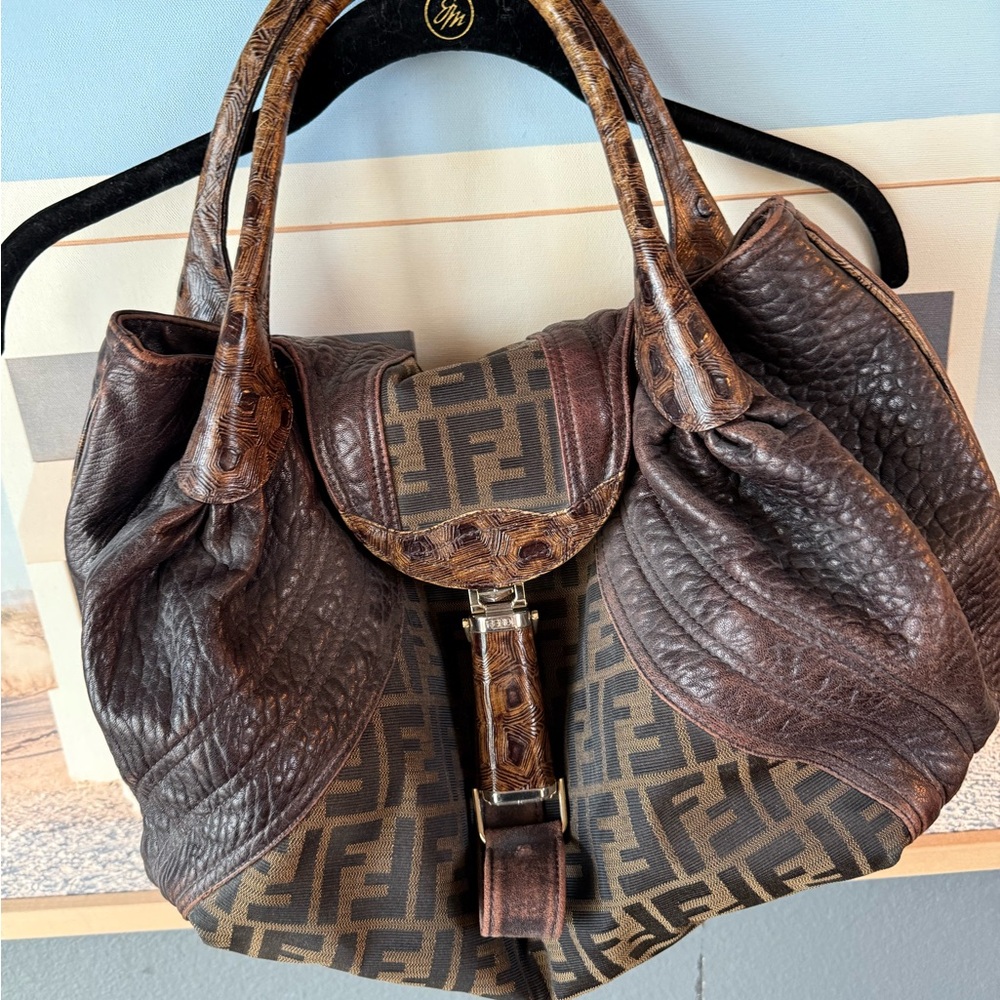 Fendi Dark Brown Leather and Canvas Shoulder Bag